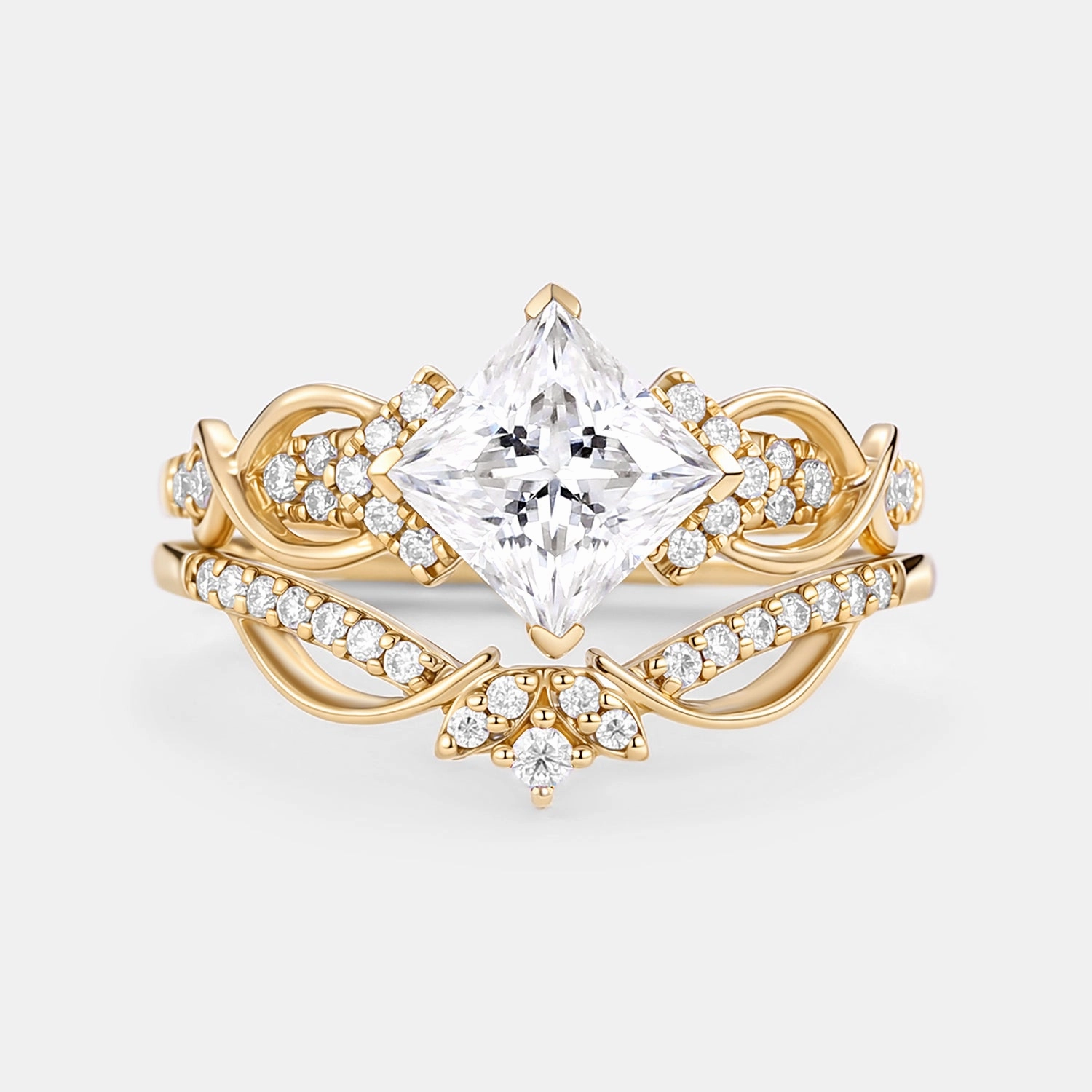 Princess Cut Moissanite Twist Engagement Ring Set 2pcs Expressive Touch