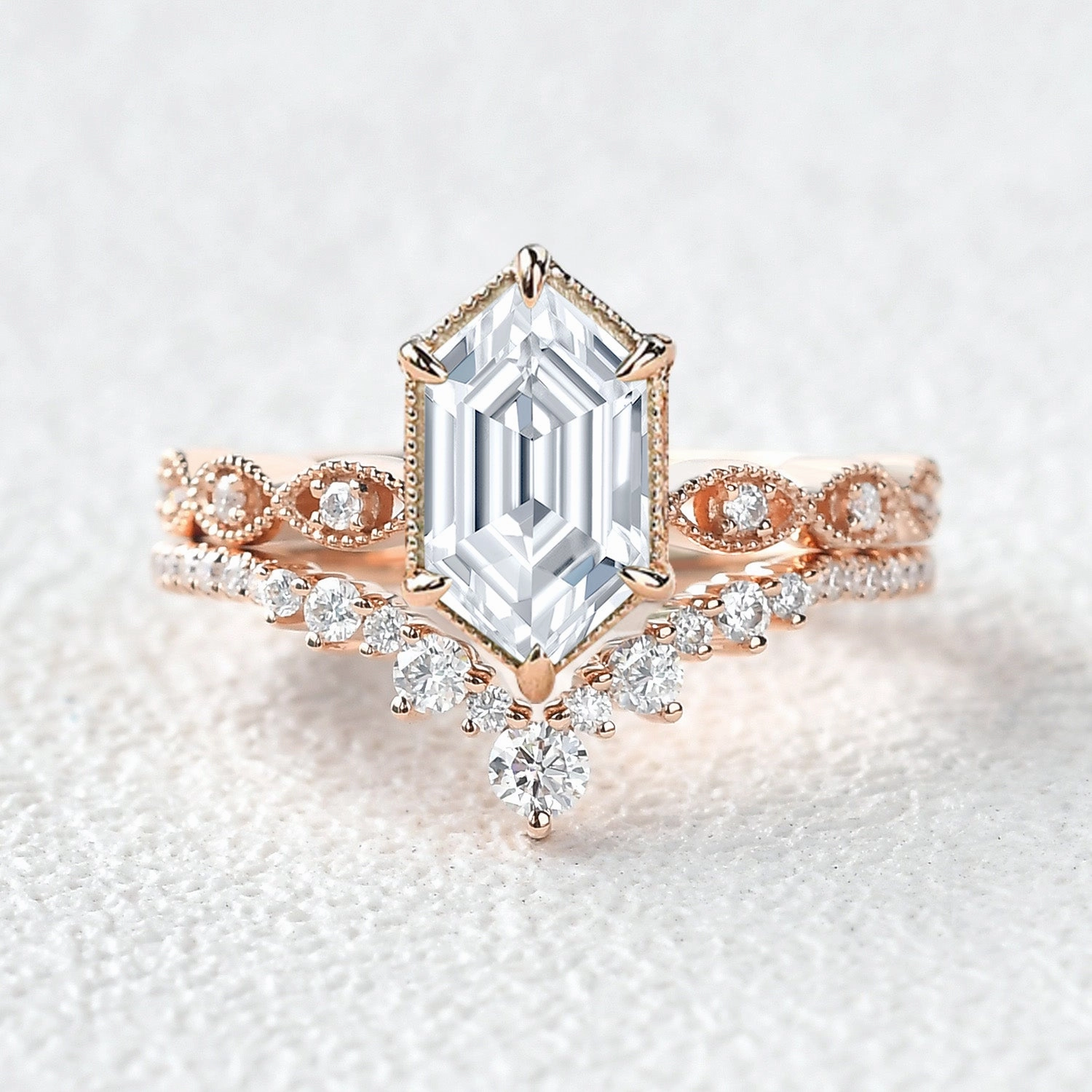 Perfect Layer Victorian Vintage Long Hexagon Moissanite Ring Set 2pcs