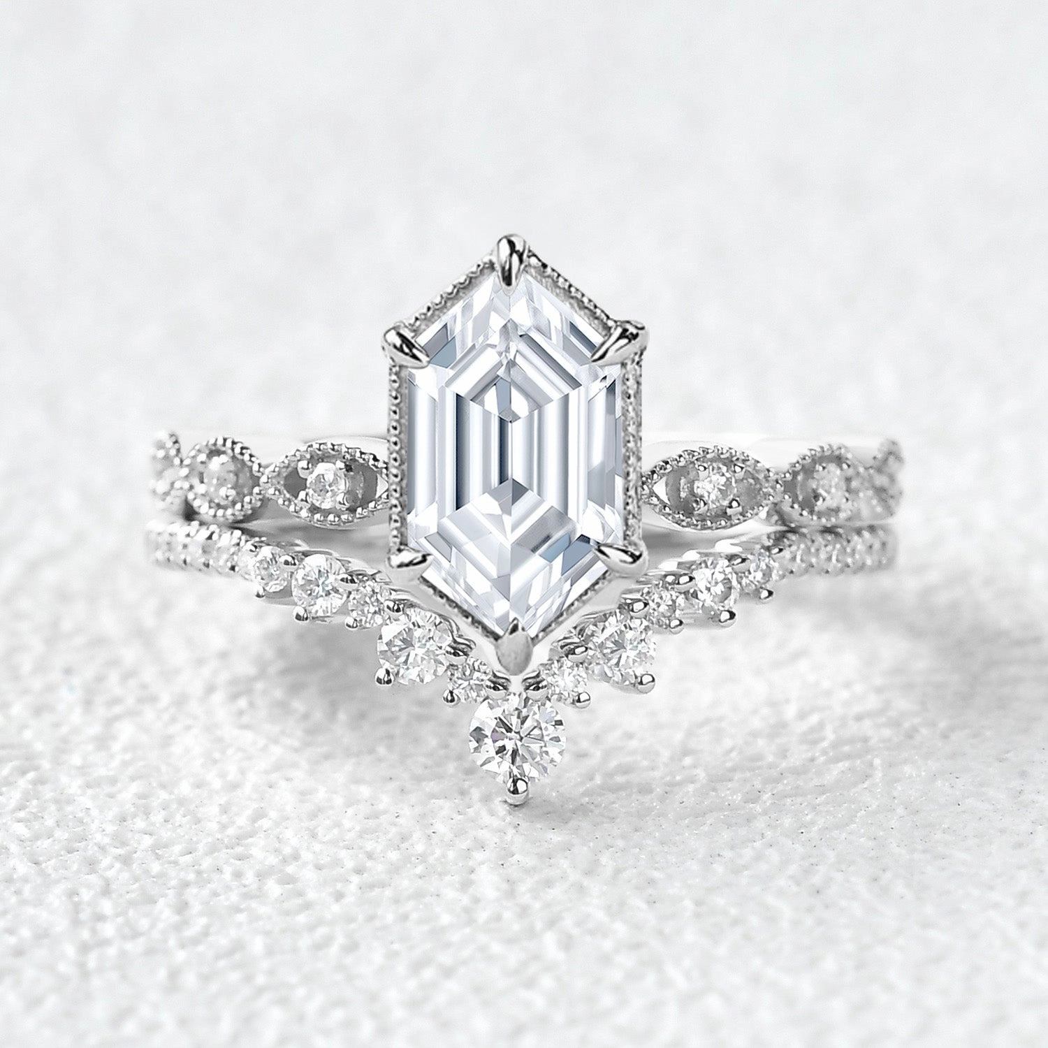 Victorian Vintage Long Hexagon Moissanite Ring Set 2pcs Everyday Favorite