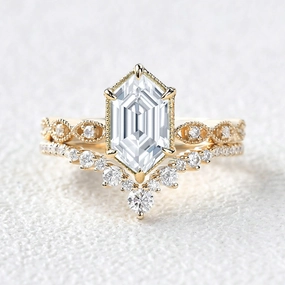 Street Chic Victorian Vintage Long Hexagon Moissanite Ring Set 2pcs