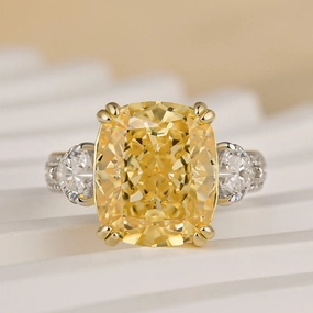 Louily Romantic Yellow Stone Cushion Cut Three Stone Engagement Ring Accent Style Fashion Look