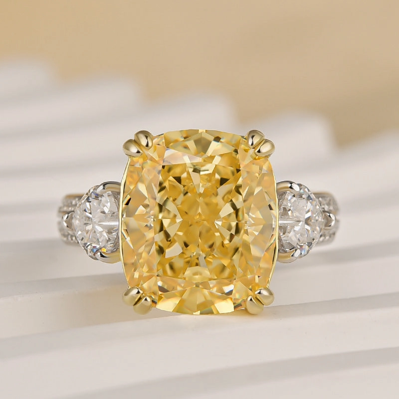 Louily Romantic Yellow Stone Cushion Cut Three Stone Engagement Ring Office Ready Shiny Style
