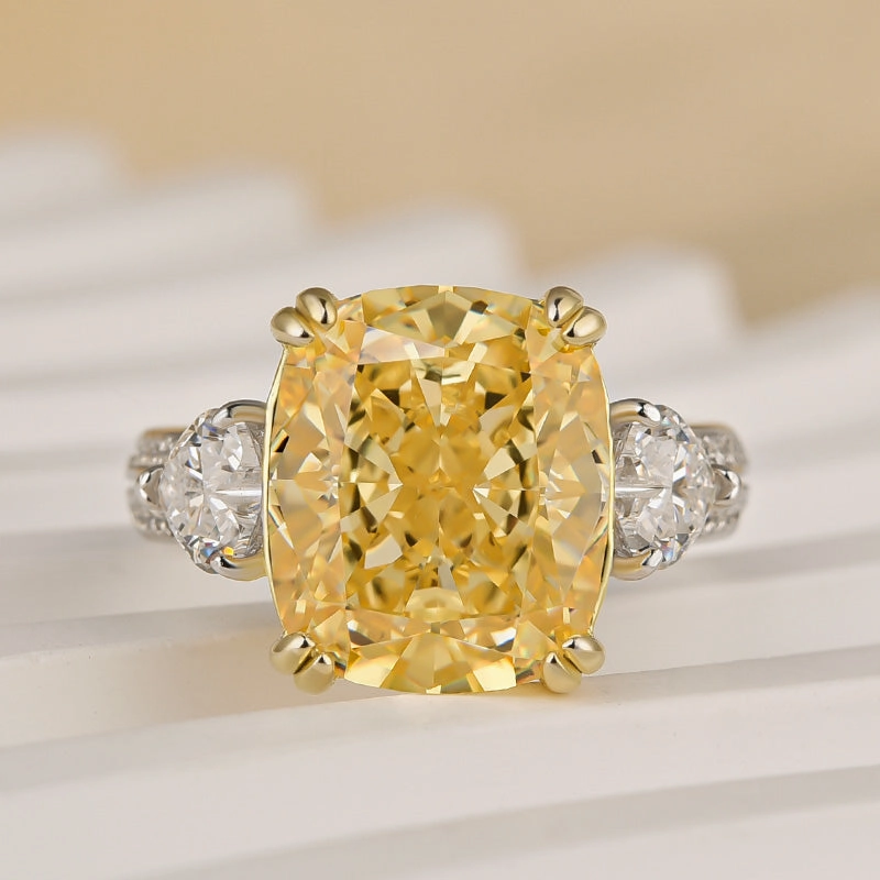 Louily Romantic Yellow Stone Cushion Cut Three Stone Engagement Ring Accent Style Fashion Look