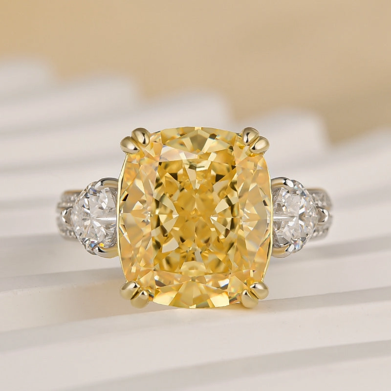 Charming Gems Trendy Charm Louily Romantic Yellow Stone Cushion Cut Three Stone Engagement Ring