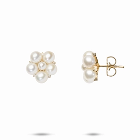 Industrial Decoration Tiny Bubbles Freshwater White Pearl Earrings in Gold with Diamonds