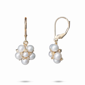 Pretty Appearance Curved Item Tiny Bubbles Freshwater White Pearl Earrings in Gold with Diamonds