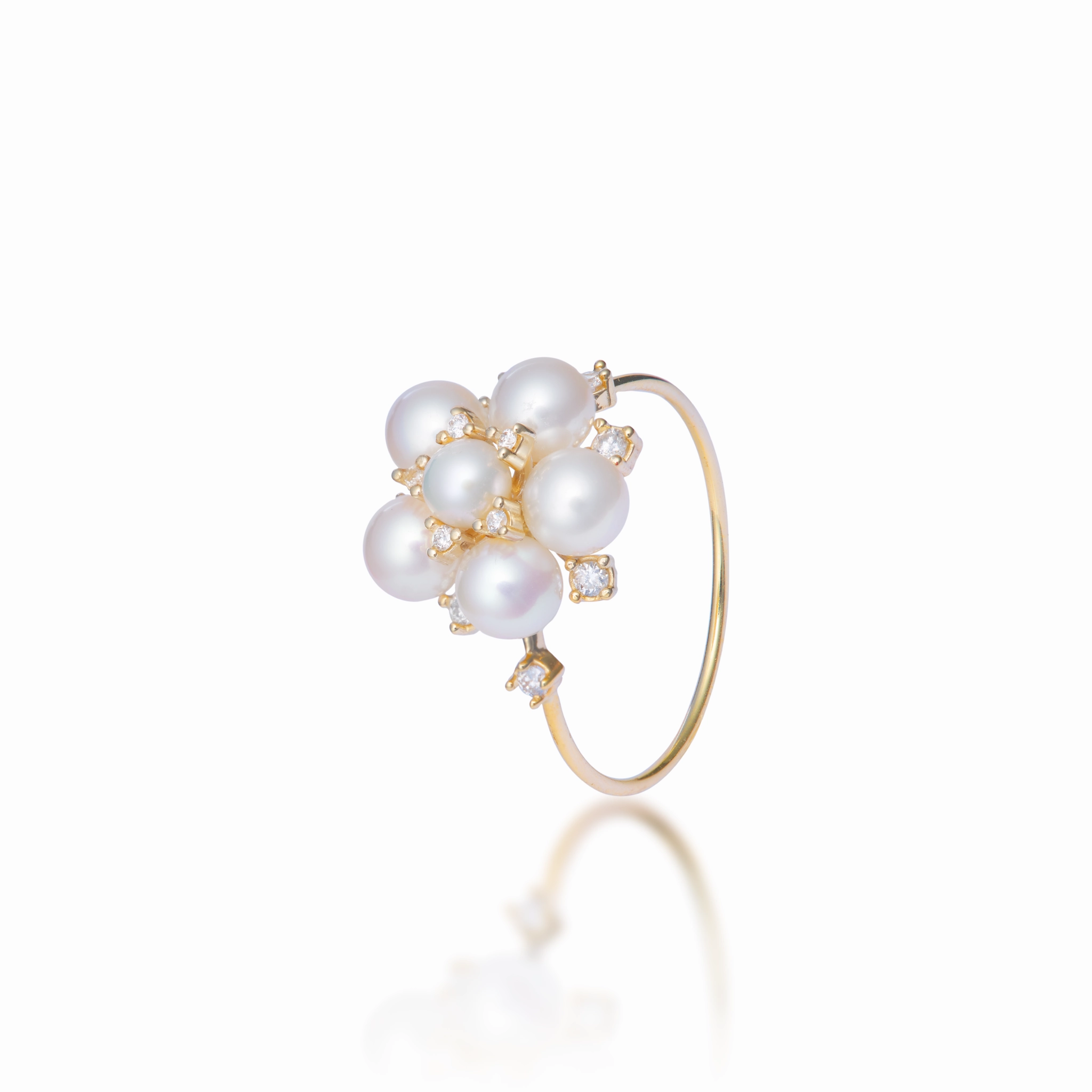 Tiny Bubbles Freshwater White Pearl Ring in Gold with Diamonds Custom Feel Accent Focus