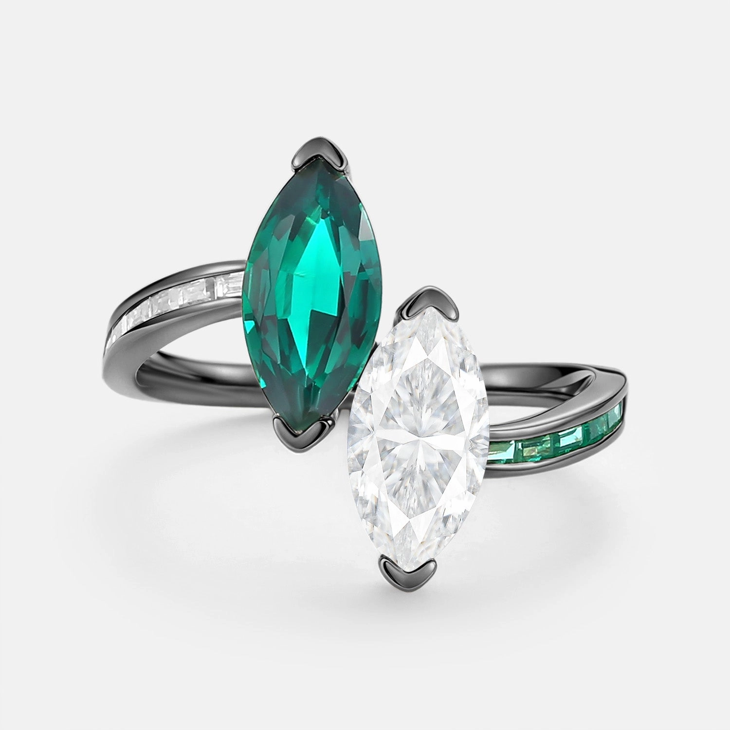 Delicate Sparkle Toi Et Moi Lab Emerald & Moissanite Engagement Ring - Dyad
