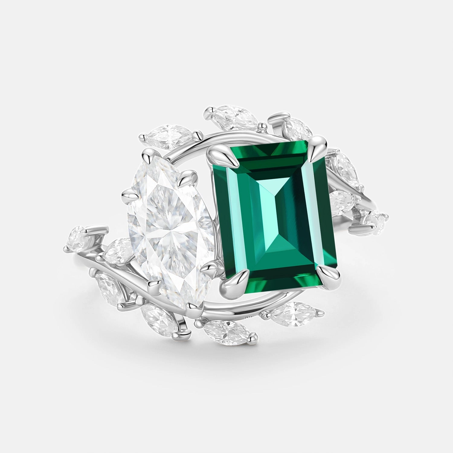 Refined Detailing Toi Et Moi Lab Emerald & Moissanite Engagement Ring - Gemella