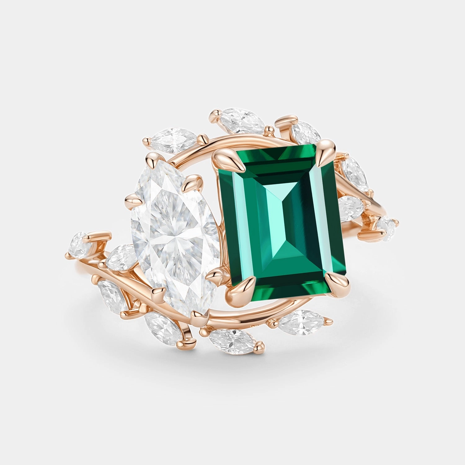 Toi Et Moi Lab Emerald & Moissanite Engagement Ring - Gemella Cool Touch Dusk Style