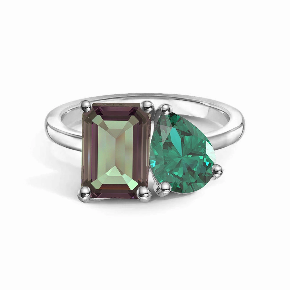 Minimal Edge Office Vibe Toi et Moi Personalized Alexandrite Birthstone Anniversary Ring