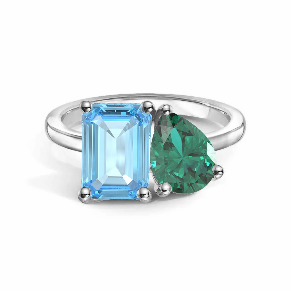 Toi et Moi Personalized Aquamarine Birthstone Anniversary Ring Delicate Pair Golden Accent