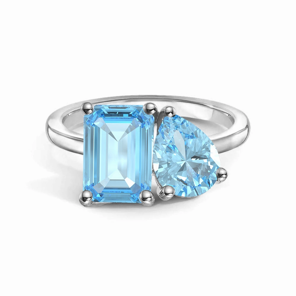 Sleek Highlight Bright Mood Toi et Moi Personalized Aquamarine Birthstone Anniversary Ring