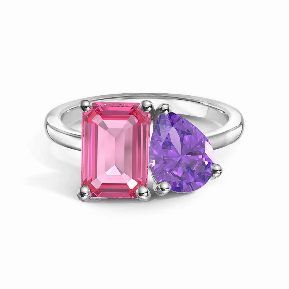 Sleek Detail Toi et Moi Personalized Pink Tourmaline Birthstone Anniversary Ring