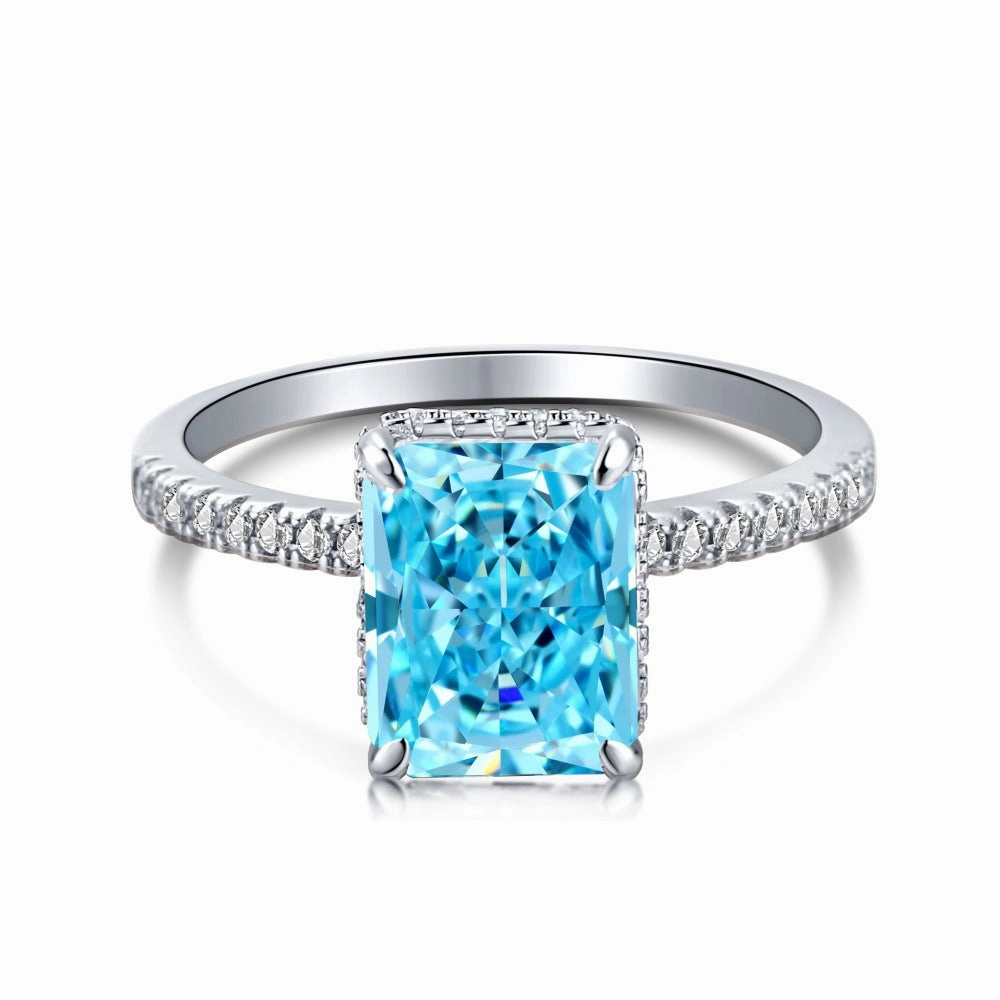 Blue Crushed Ice Solitaire Radiant Cut Half Eternity Diamond Ring Sterling Silver Glamorous Jewelry