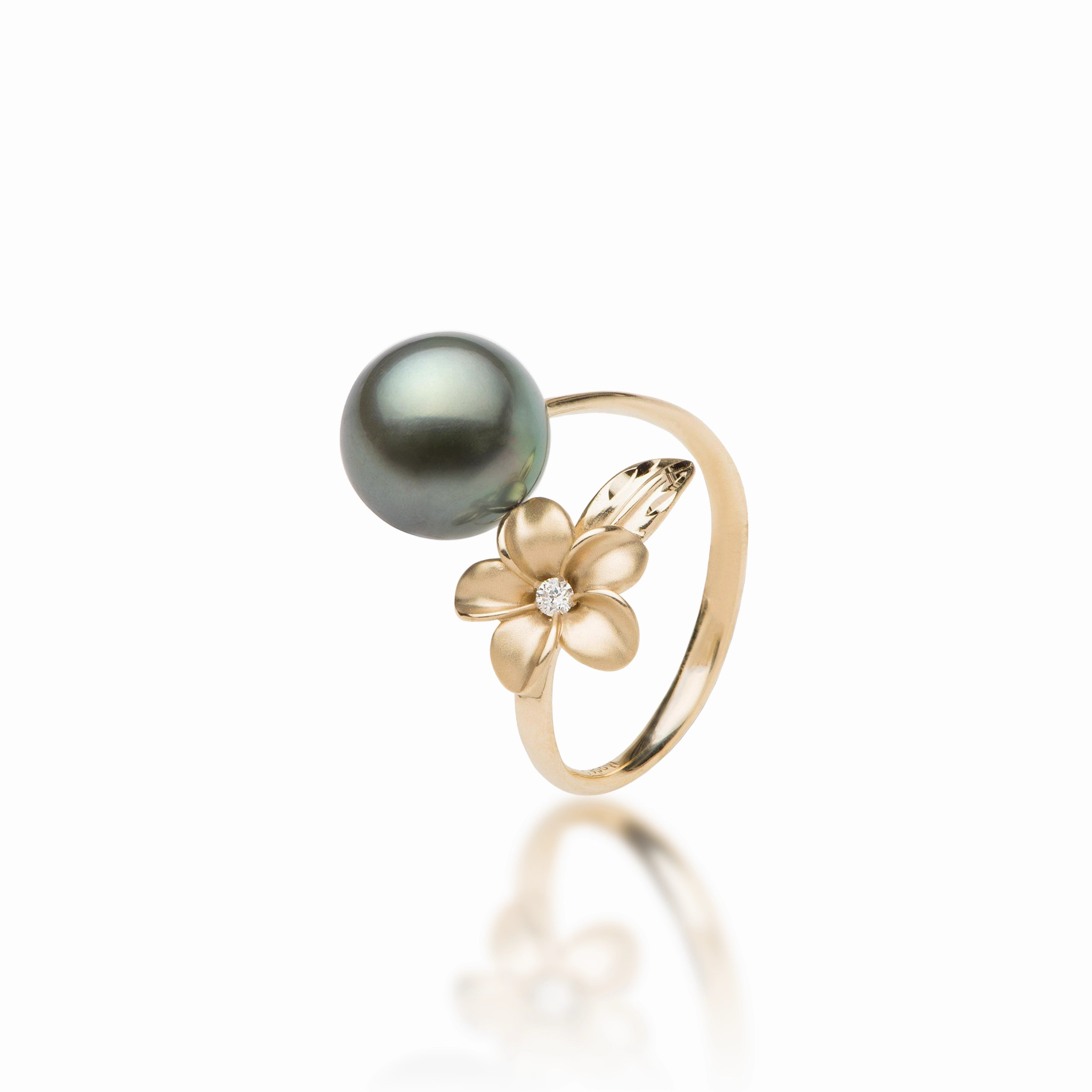 Plumeria Tahitian Black Pearl Ring in Gold with Diamond - 9mm Hypoallergenic Ornament