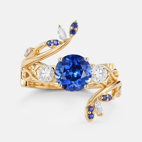 Round Cut Lab Sapphire Leafy Cage Engagement Ring Set 2pcs - Blush Layered Look