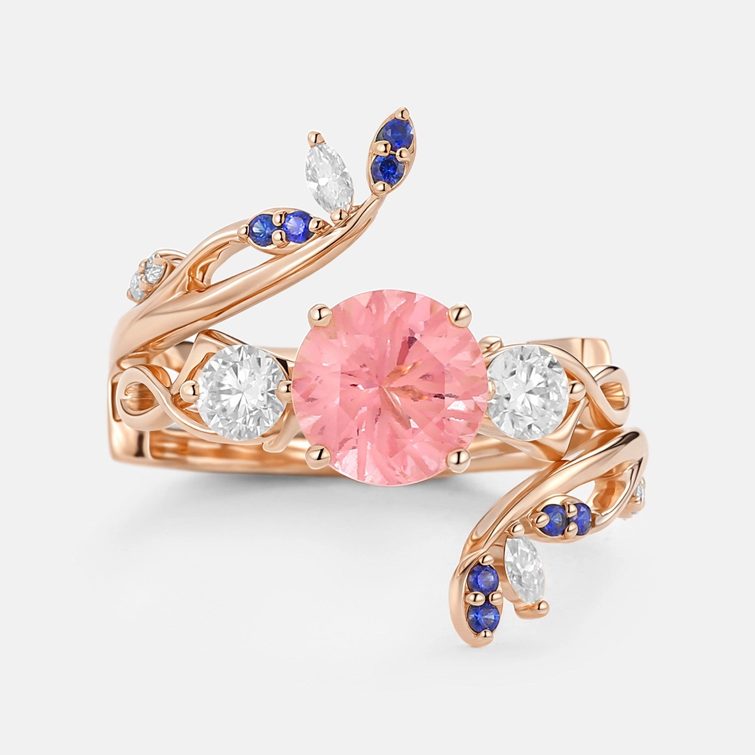 Round Cut Lab Sapphire Leafy Cage Engagement Ring Set 2pcs - Blush Polished Surface Shine Accent