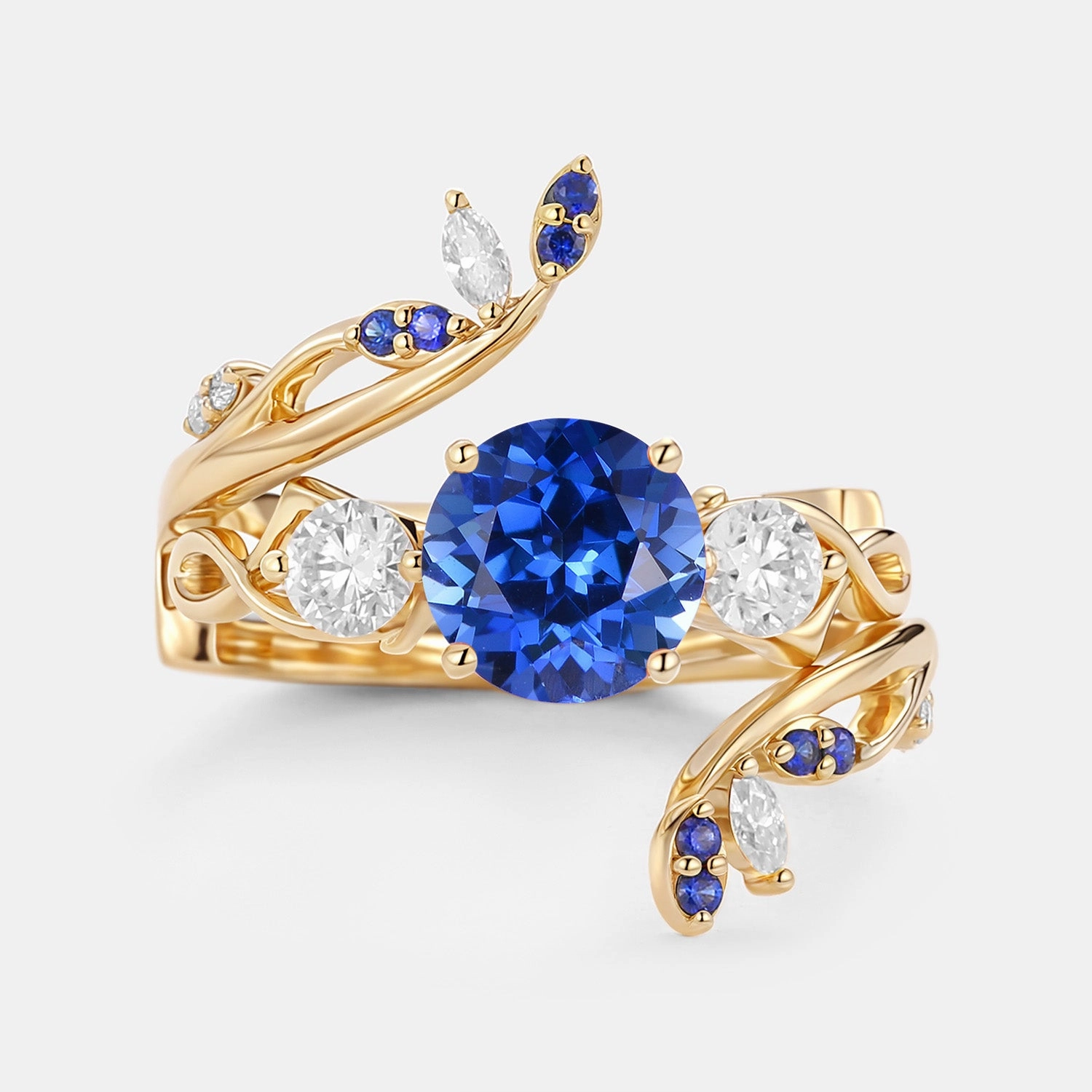Round Cut Lab Sapphire Leafy Cage Engagement Ring Set 2pcs - Blush Layered Look