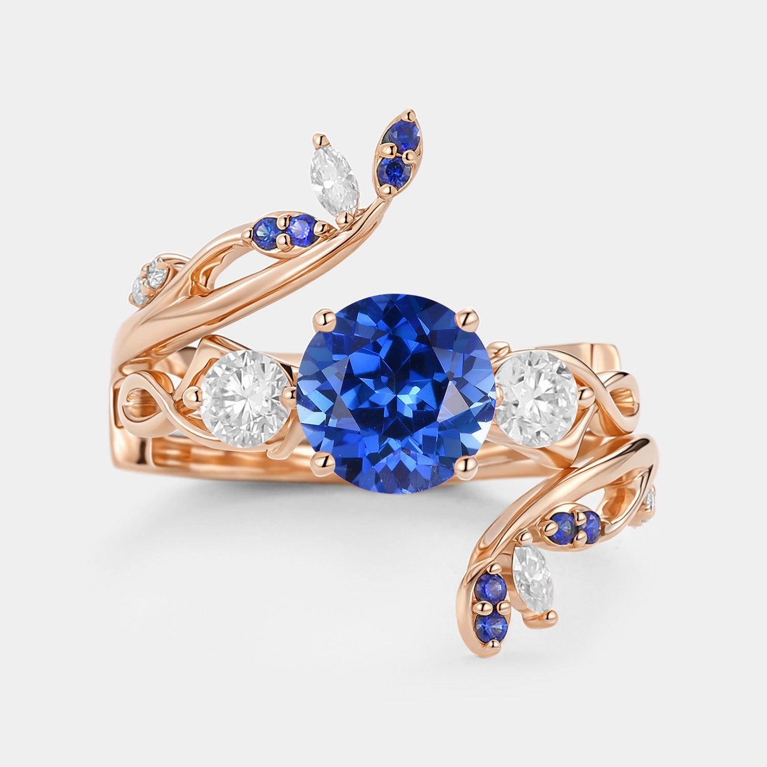 Minimal Detail Luxury Ready Round Cut Lab Sapphire Leafy Cage Engagement Ring Set 2pcs - Blush