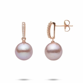 Stylish Vibe Sturdy Detail Lilac Freshwater Pearl Earrings in Rose Gold with Diamonds - 11-12mm