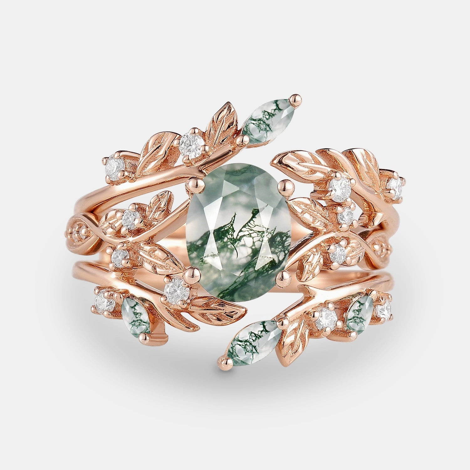 Elegant Pop Soft Match Leafy Oval Cut Moss Agate Engagement Ring Sets 2PCS