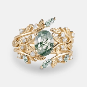 Leafy Oval Cut Moss Agate Engagement Ring Sets 2PCS Sleek Feature