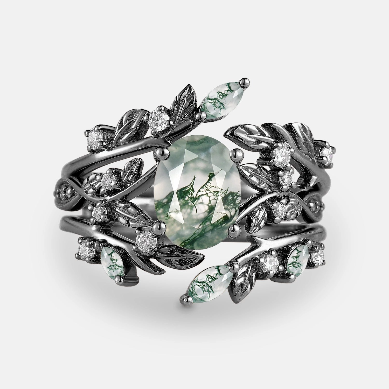 Shining Sparkle Leafy Oval Cut Moss Agate Engagement Ring Sets 2PCS