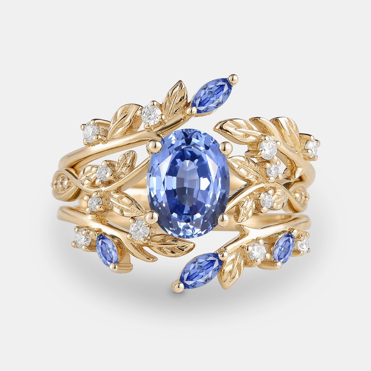 Lustrous Feature Party Vibe Leafy Oval Cut Moss Agate Engagement Ring Sets 2PCS