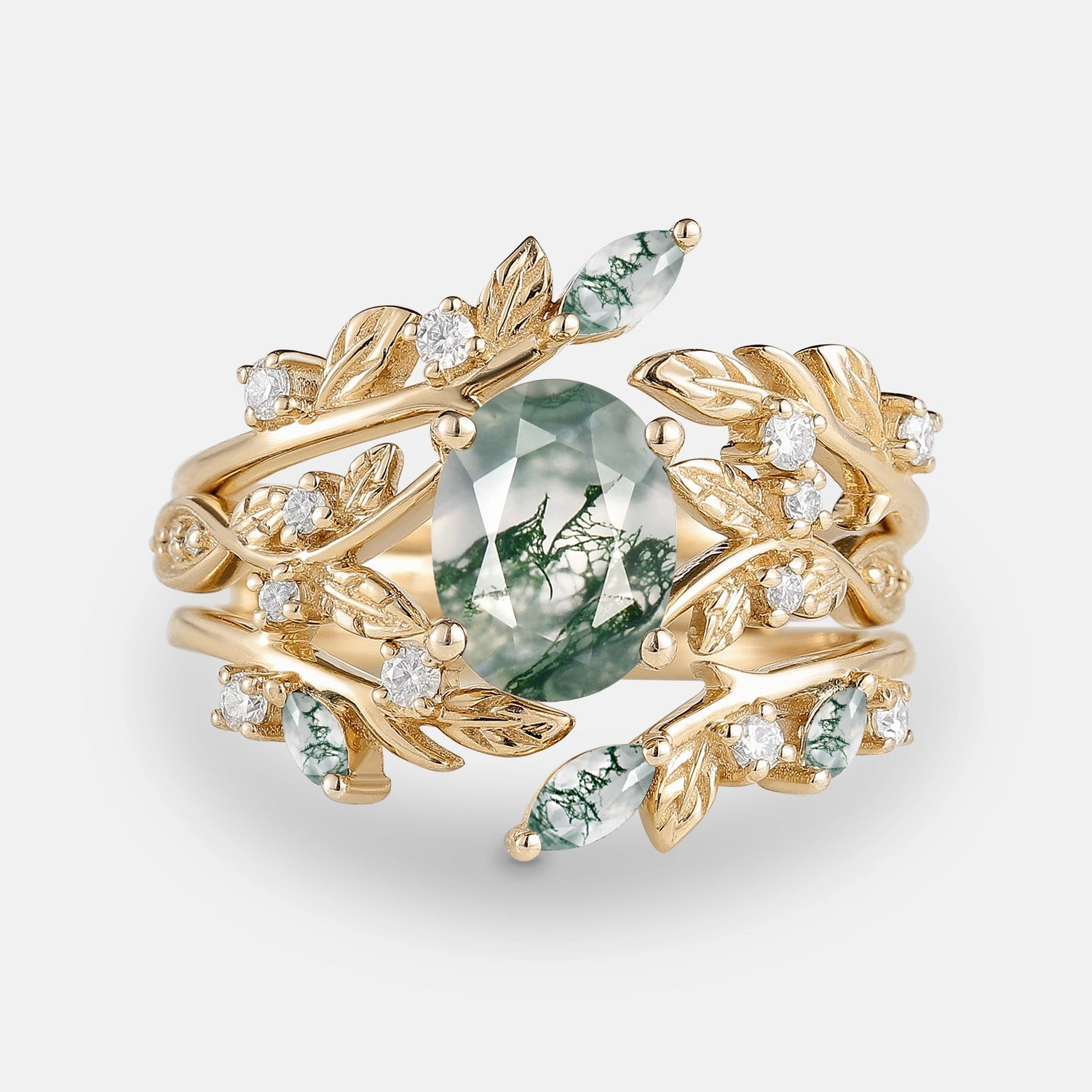 Leafy Oval Cut Moss Agate Engagement Ring Sets 2PCS Sleek Feature
