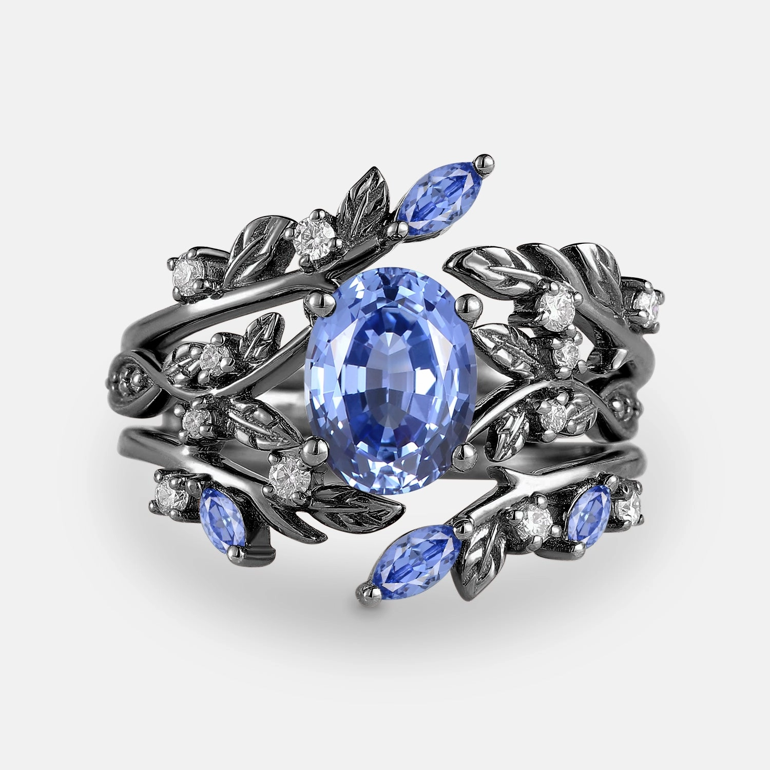 Minimalist Piece Leafy Oval Cut Moss Agate Engagement Ring Sets 2PCS