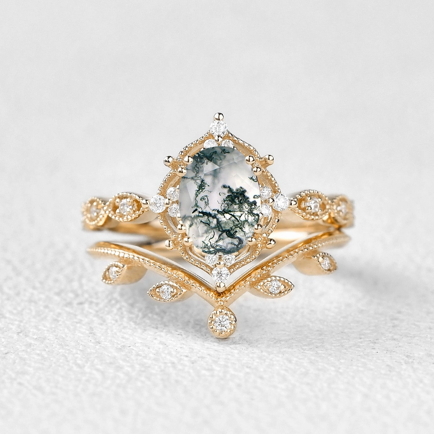 Handmade Craft Oval Cut Moss Agate Gold Ring Set 2pcs