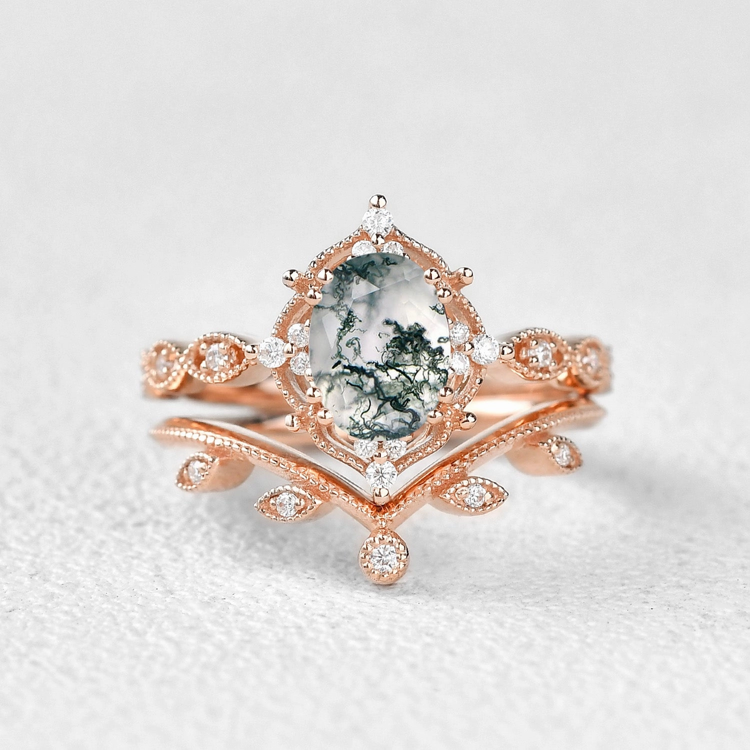 High Fashion Oval Cut Moss Agate Gold Ring Set 2pcs