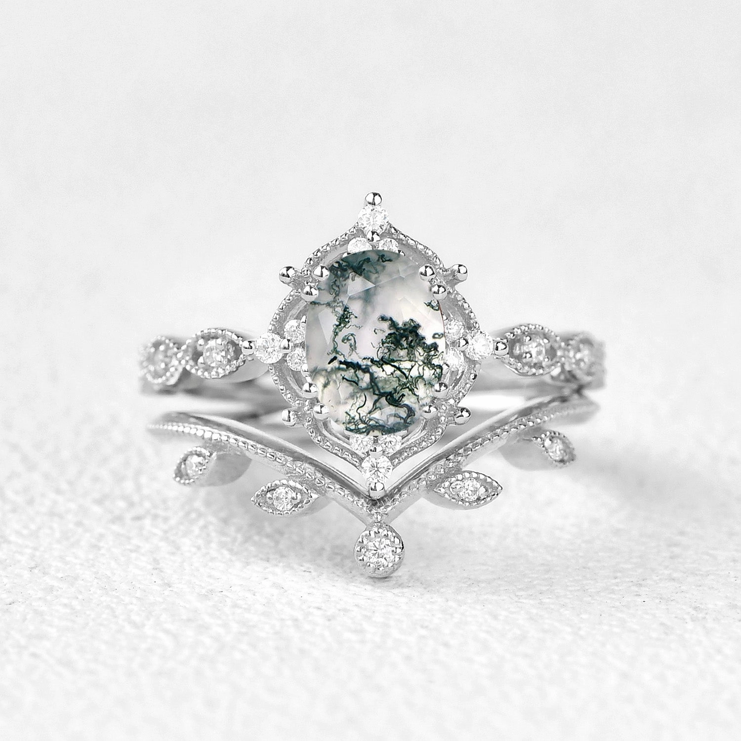 Oval Cut Moss Agate Gold Ring Set 2pcs Shining Edge