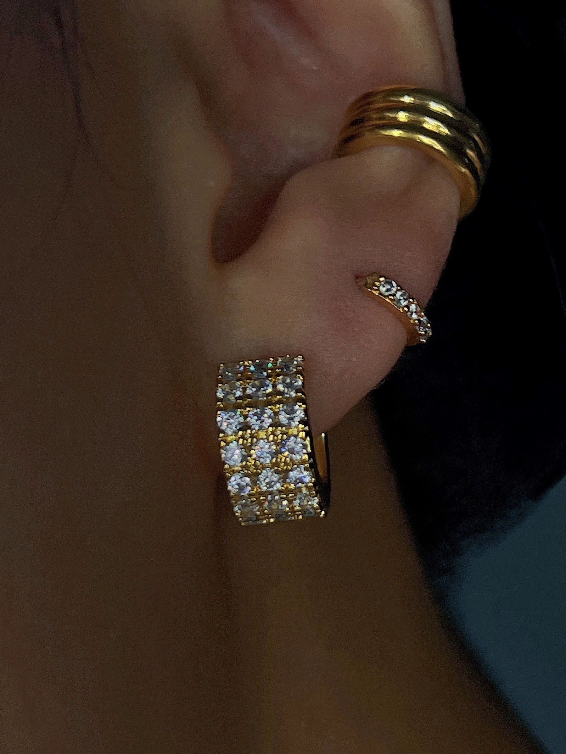 Vacation Accent Wide Gold Silver C Shape Stud Earrings with Paved Zircon Gemstones | Chunky Gold Silver Earrings Lightweight for Stylish Minimalist