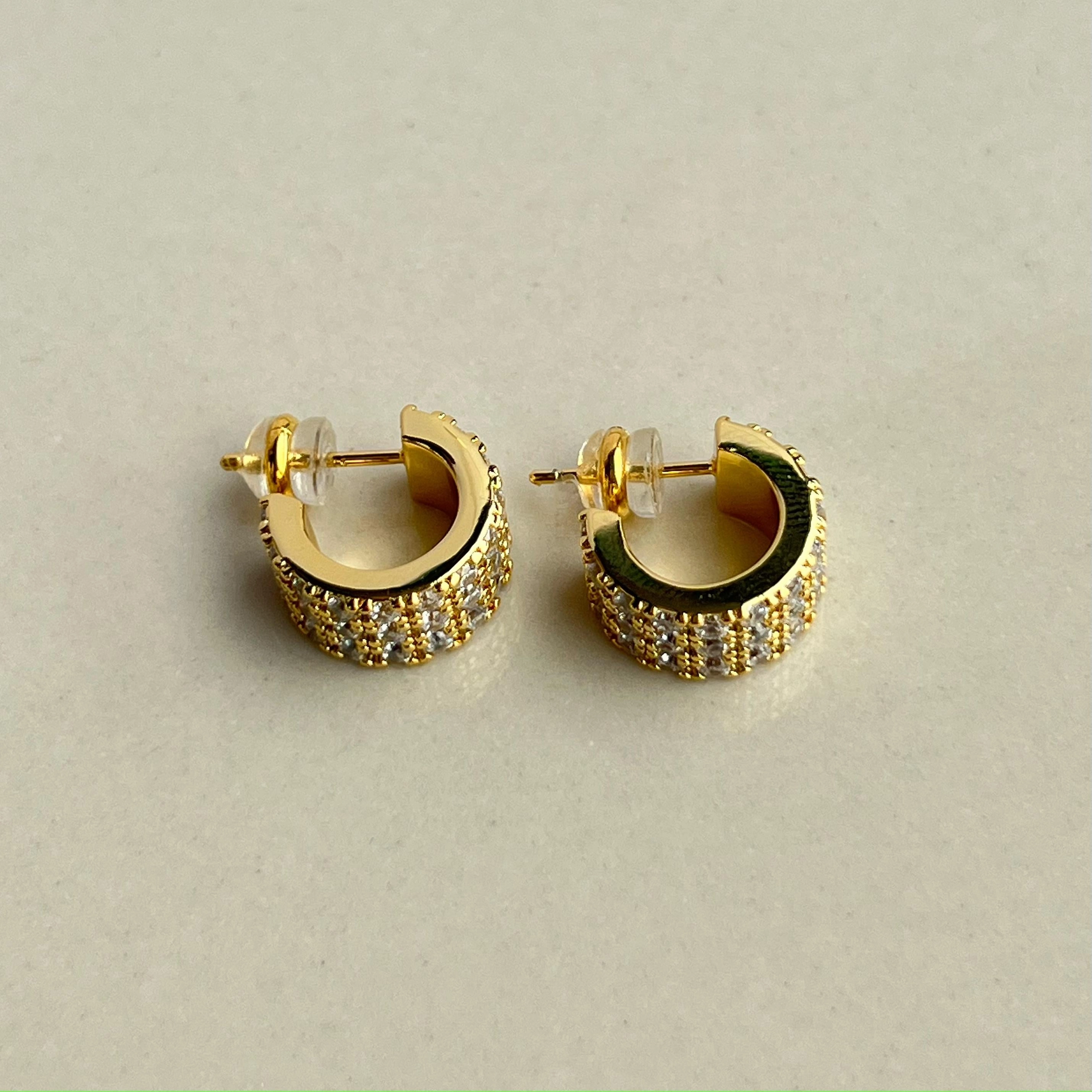 Lightweight Must-Have Glittering Piece Wide Gold Silver C Shape Stud Earrings with Paved Zircon Gemstones | Chunky Gold Silver Earrings Lightweight for Stylish Minimalist