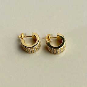 Lightweight Must-Have Glittering Piece Wide Gold Silver C Shape Stud Earrings with Paved Zircon Gemstones | Chunky Gold Silver Earrings Lightweight for Stylish Minimalist