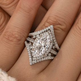 Dressed Look Shiny Glam 3.0Ct Halo Marquise Cut Insert Wedding Ring Set With Luxe Engagement Ring Enhancer