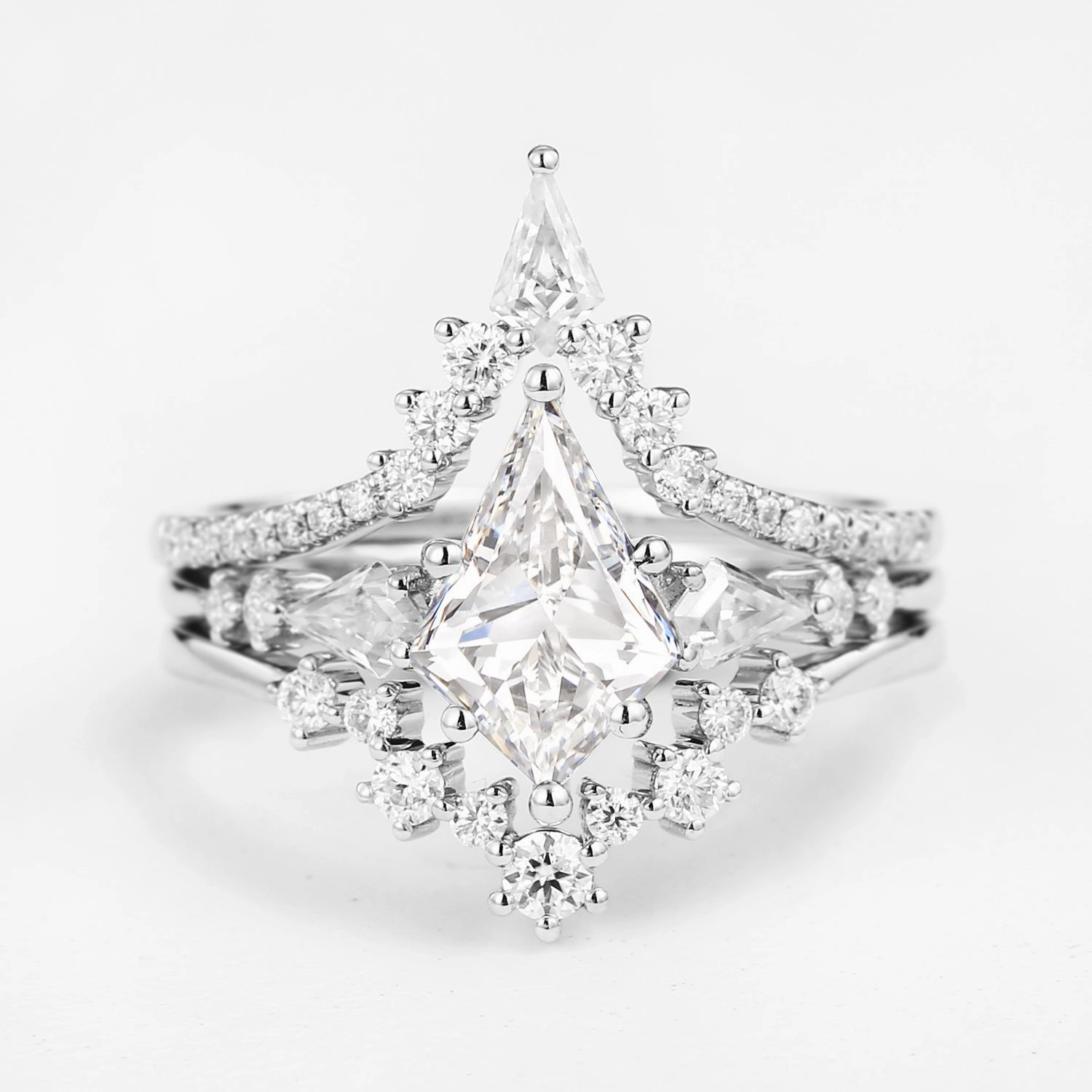 Lustrous Edge Glamour Accent Twin Flames - Kite Cut Moissanite Engagement Ring Set 3pcs - Tyler