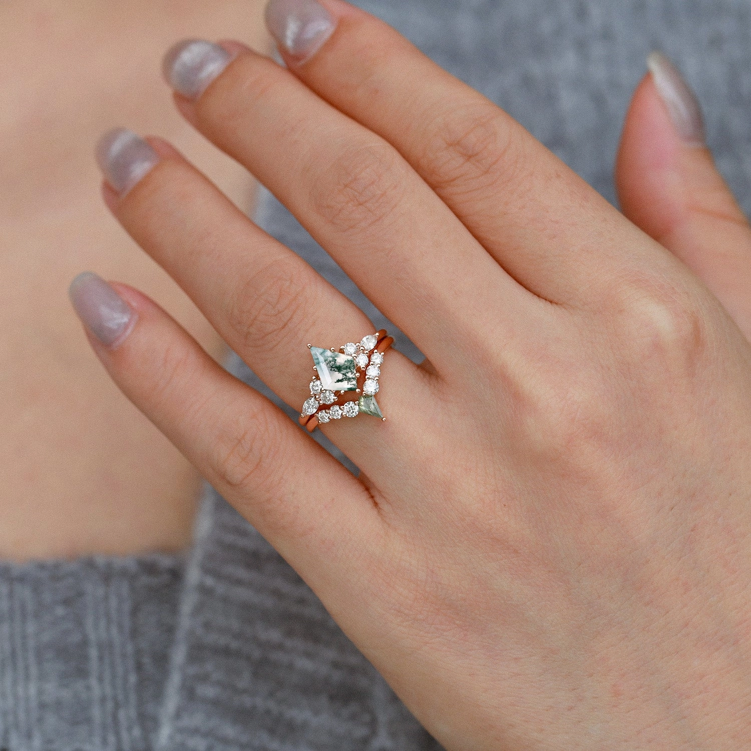 Twin Flames - Kite Cut Unique Moss Agate Engagement Ring Sets 2pcs - Zoey Soft Glam Valentine Gift