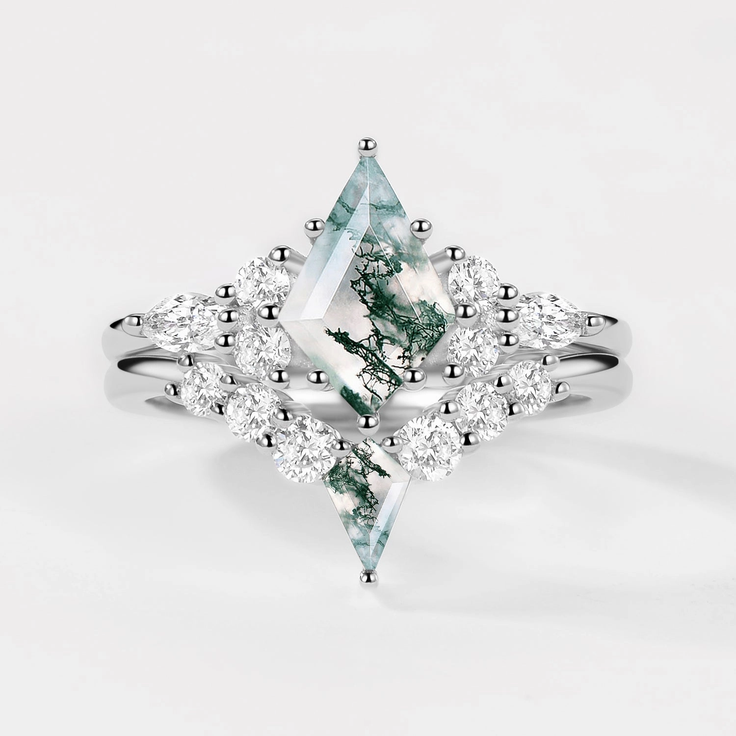 Twin Flames - Kite Cut Unique Moss Agate Engagement Ring Sets 2pcs - Zoey Bridal Touch