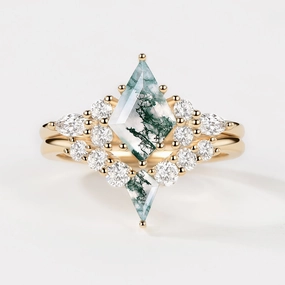 Twin Flames - Kite Cut Unique Moss Agate Engagement Ring Sets 2pcs - Zoey Sophisticated Pieces