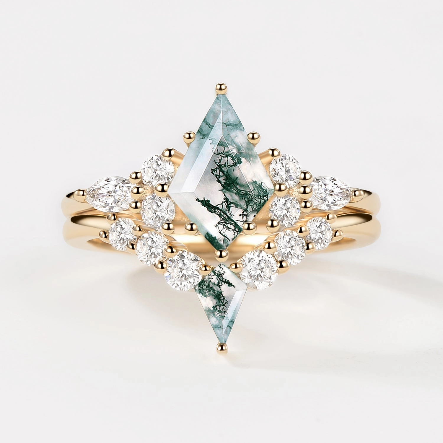 Twin Flames - Kite Cut Unique Moss Agate Engagement Ring Sets 2pcs - Zoey Contemporary Shine Graceful Touch