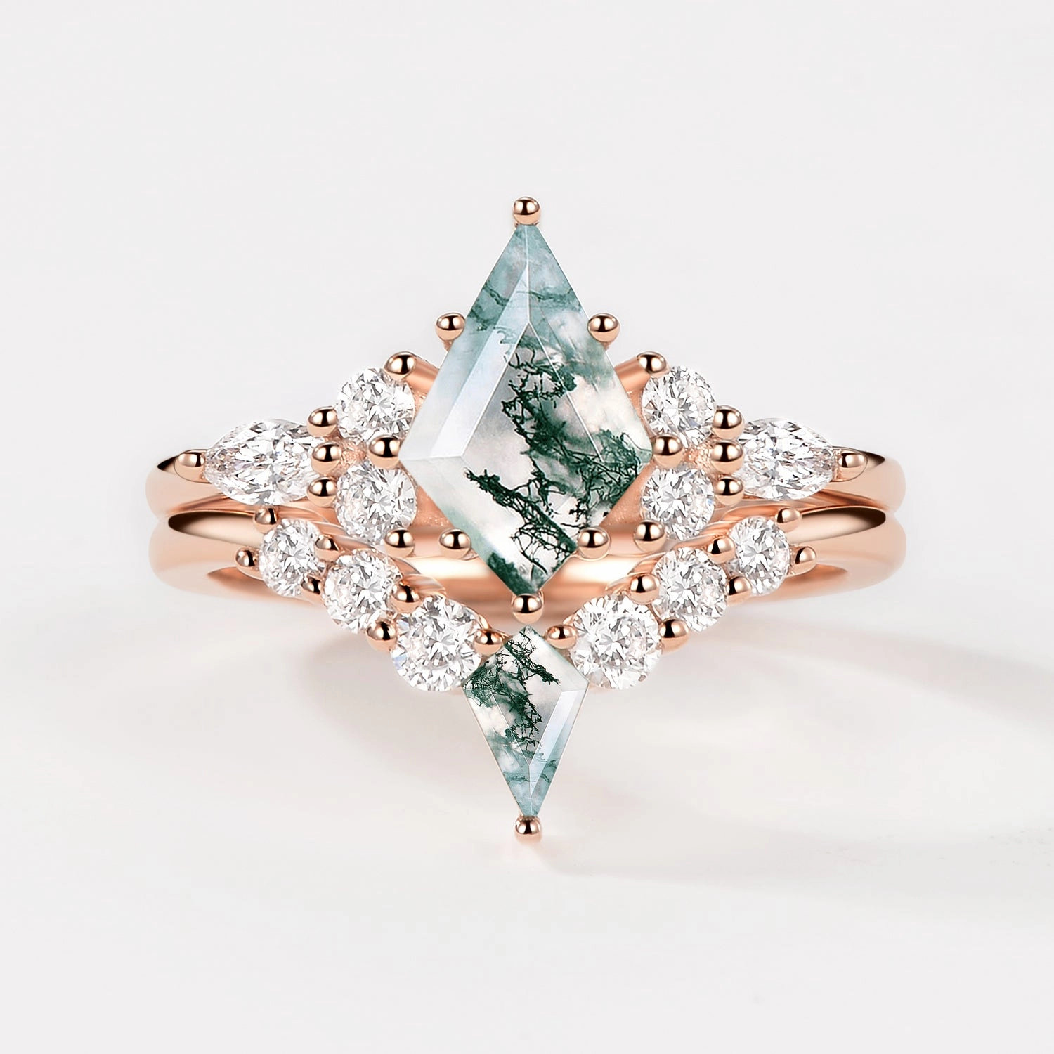 Twin Flames - Kite Cut Unique Moss Agate Engagement Ring Sets 2pcs - Zoey Instant Style Designer Craft