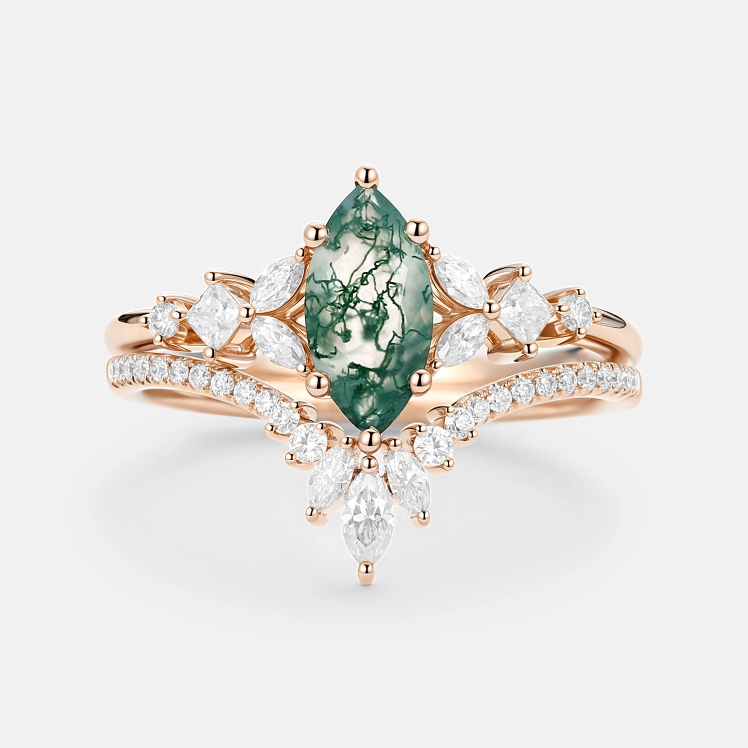 Marquise Cut Moss Agate Cluster Engagement Ring Set 2pcs - Lumenis Chic Finish