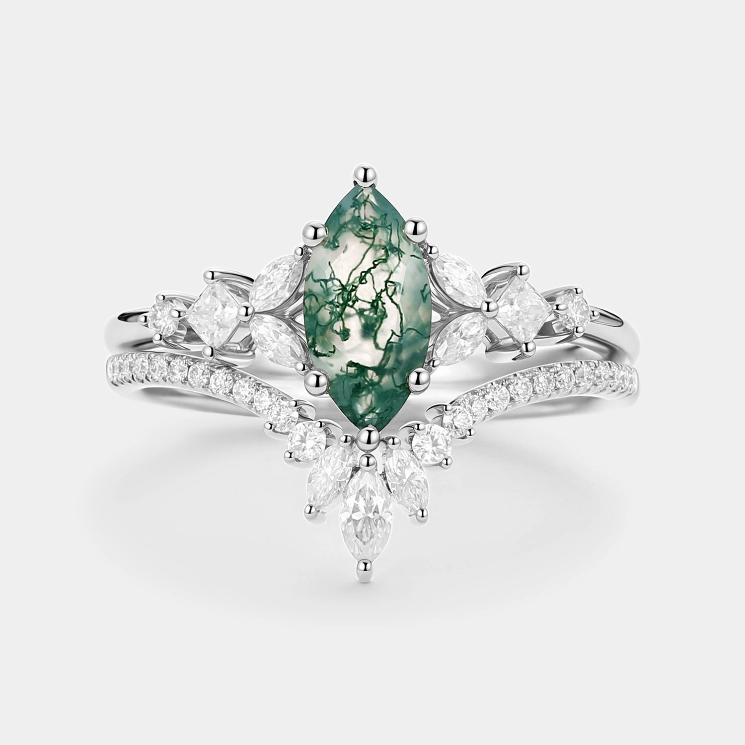 Marquise Cut Moss Agate Cluster Engagement Ring Set 2pcs - Lumenis Charming Design Graceful Charm