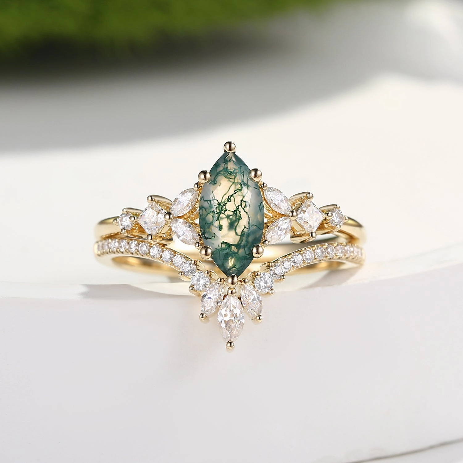 Marquise Cut Moss Agate Cluster Engagement Ring Set 2pcs - Lumenis Understated Mood Glistening Piece