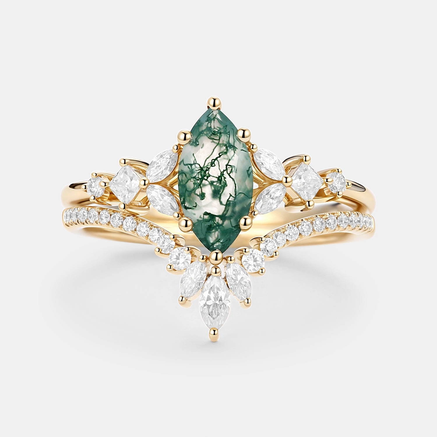 Marquise Cut Moss Agate Cluster Engagement Ring Set 2pcs - Lumenis Radiant Gem Contemporary Detail