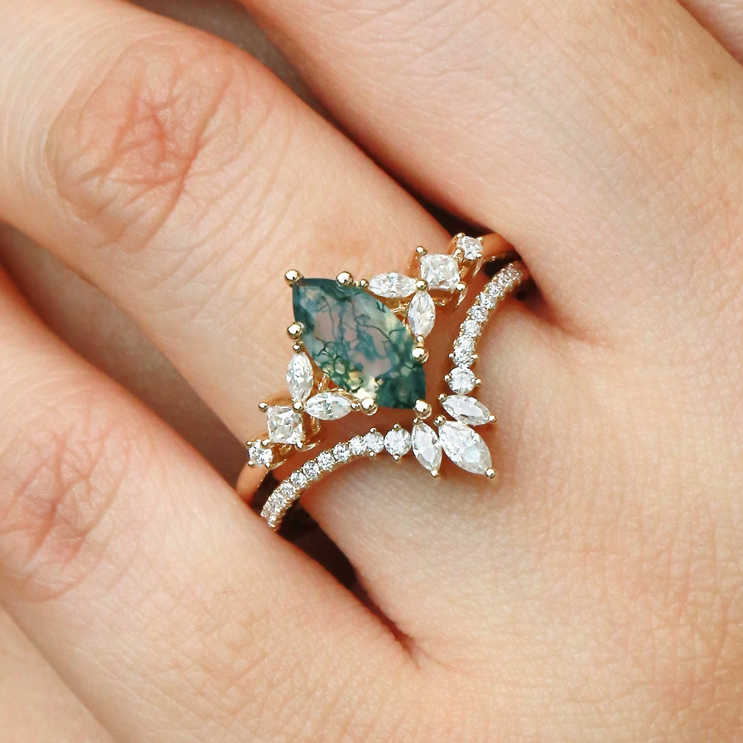 Marquise Cut Moss Agate Cluster Engagement Ring Set 2pcs - Lumenis Opulent Shine Luxury Design
