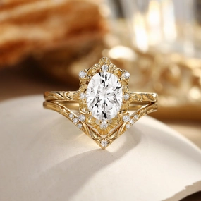 Oval Cut Engraved Moissanite Vintage Ring Set 2pcs - Velvet Custom Craftwork